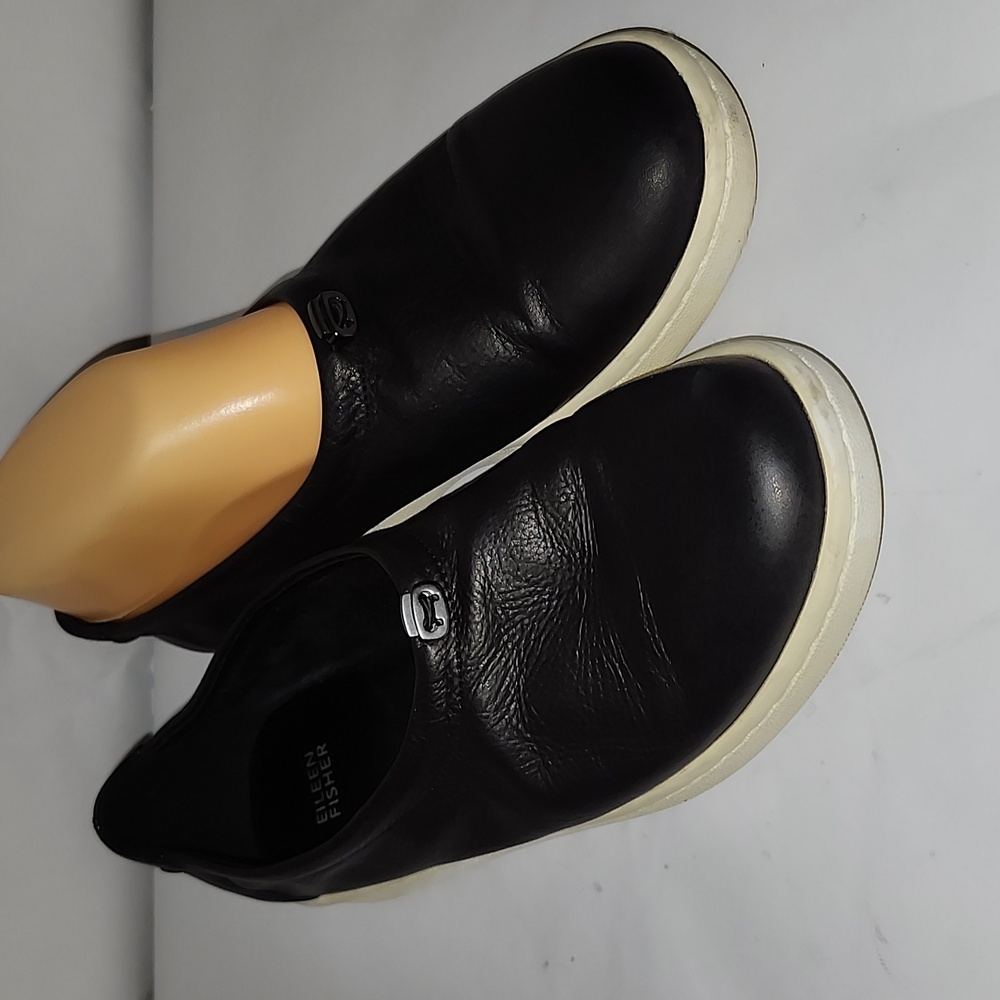 Eileen Fisher Womens Sydney Washed Leather Sneaker Flat Slip-On Black Size US 8